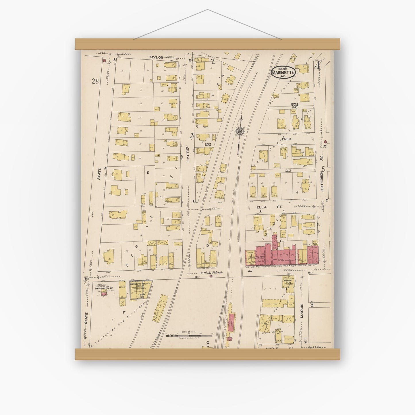 Old map wall art mockup — magnetic wood frame on white wall — Sanborn Fire Insurance Map from Marinette, Marinette County, Wisconsin (1921), Sheet #0004