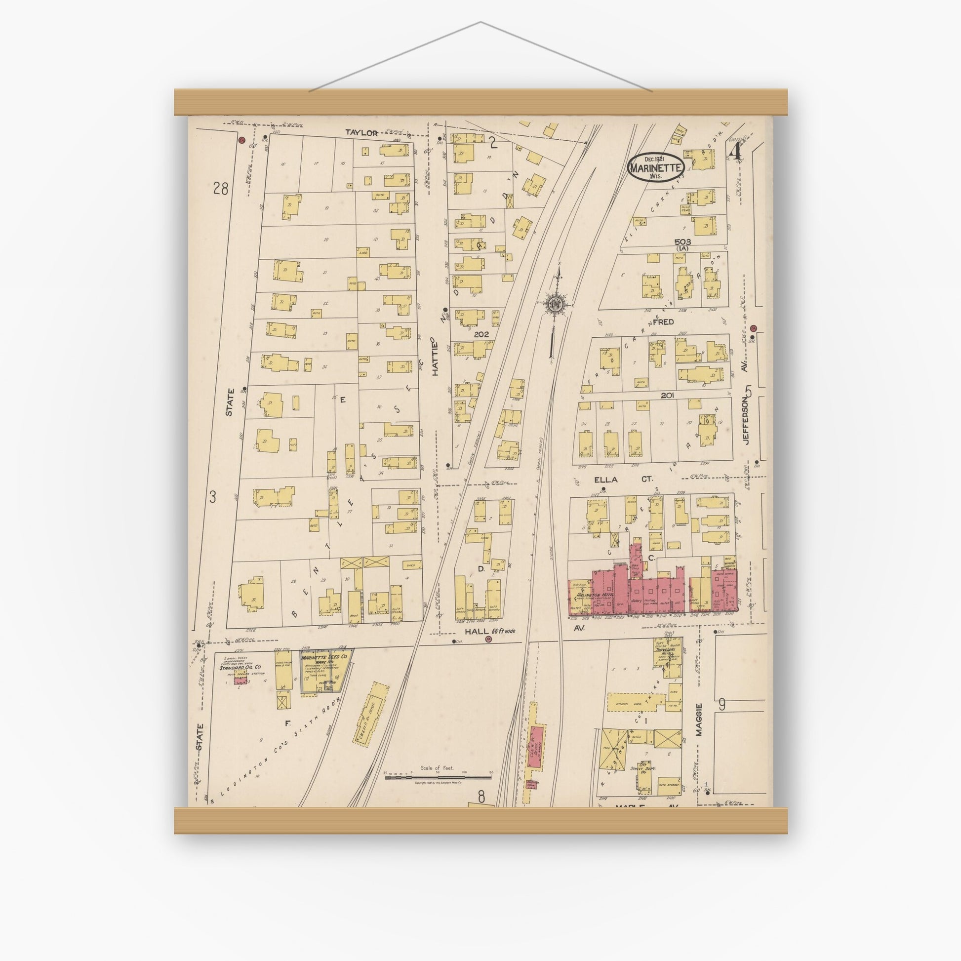 Old map wall art mockup — magnetic wood frame on white wall — Sanborn Fire Insurance Map from Marinette, Marinette County, Wisconsin (1921), Sheet #0004