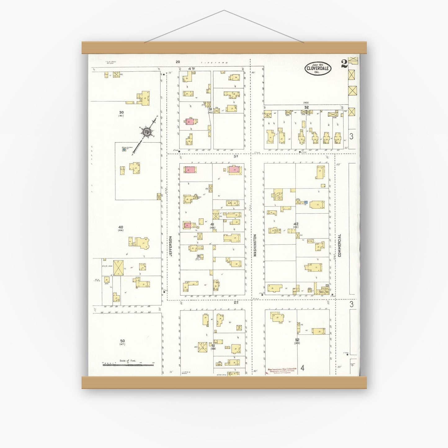 Old map wall art mockup — magnetic wood frame on white wall — Sanborn Fire Insurance Map from Cloverdale, Sonoma County, California (1911), Sheet #0002