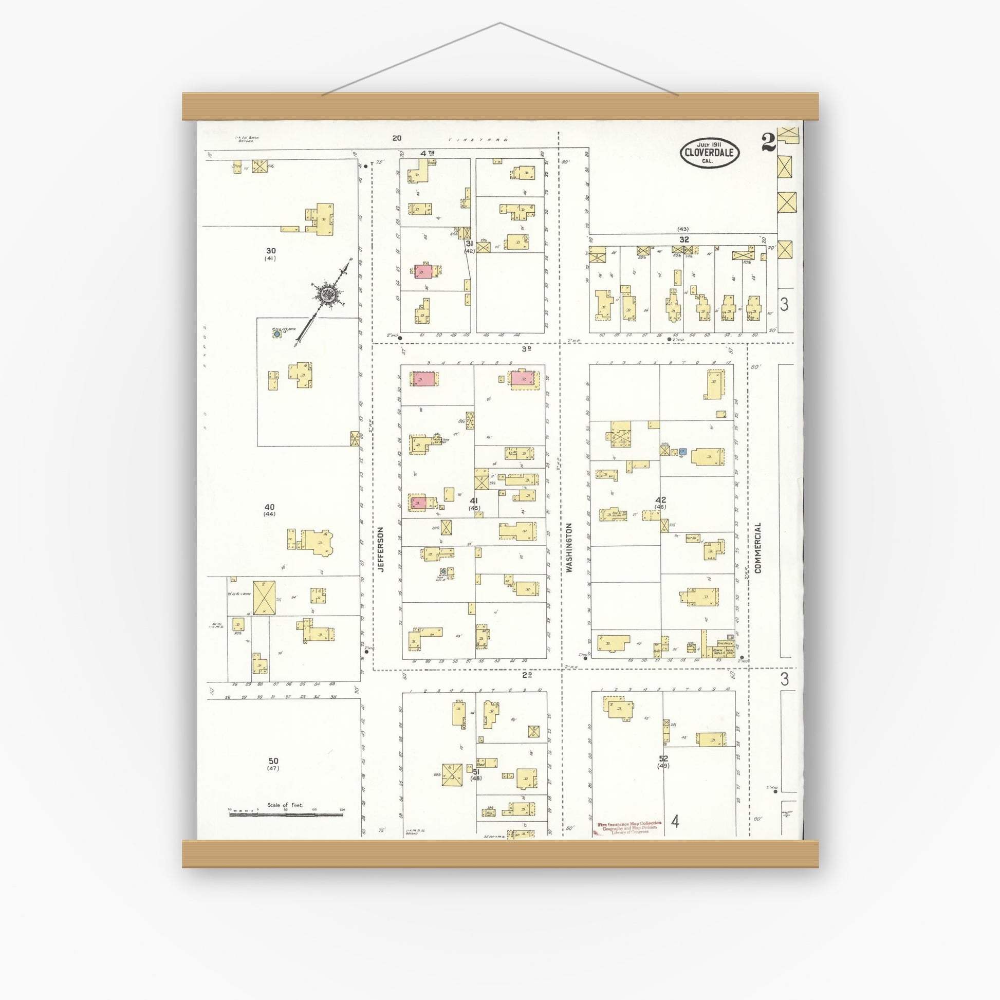 Old map wall art mockup — magnetic wood frame on white wall — Sanborn Fire Insurance Map from Cloverdale, Sonoma County, California (1911), Sheet #0002