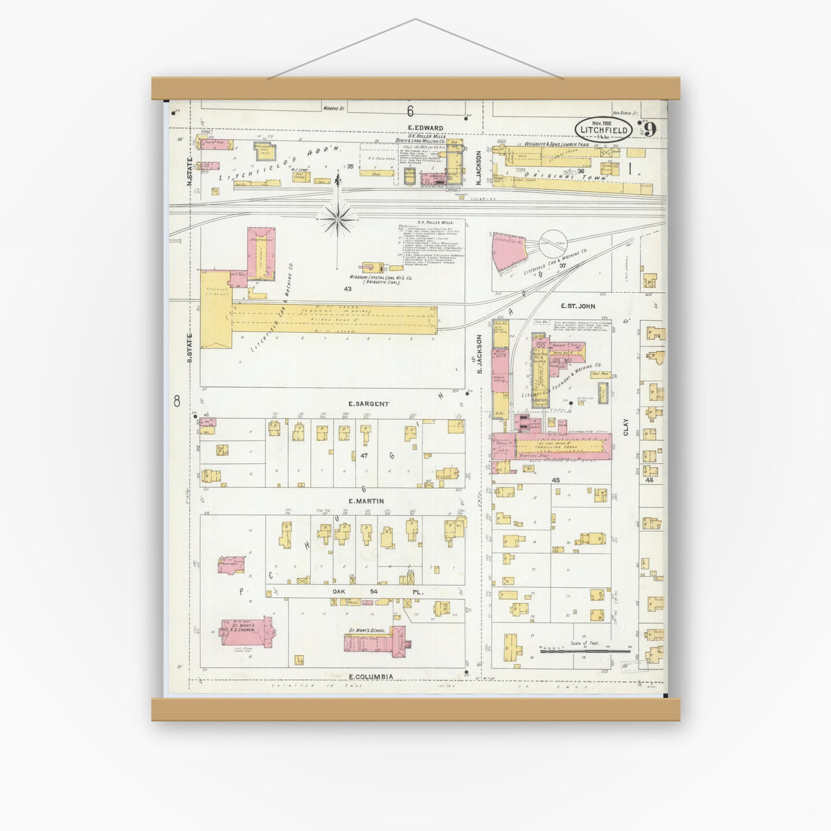 Old map wall art mockup — magnetic wood frame on white wall — Sanborn Fire Insurance Map from Litchfield, Montgomery County, Illinois (1905), Sheet #0009