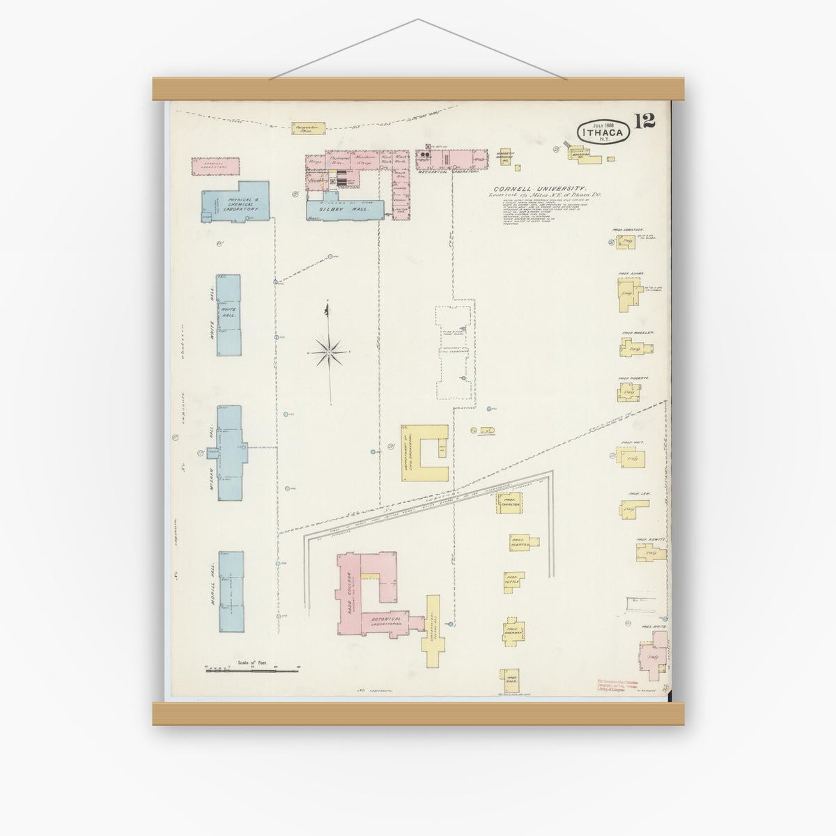 Old map wall art mockup — magnetic wood frame on white wall — Sanborn Fire Insurance Map from Ithaca, Tompkins County, New York (1888), Sheet #0012
