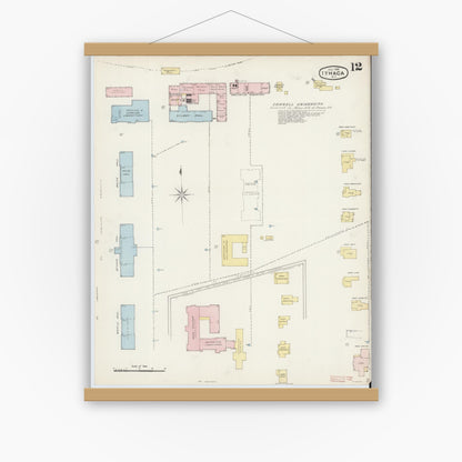 Old map wall art mockup — magnetic wood frame on white wall — Sanborn Fire Insurance Map from Ithaca, Tompkins County, New York (1888), Sheet #0012