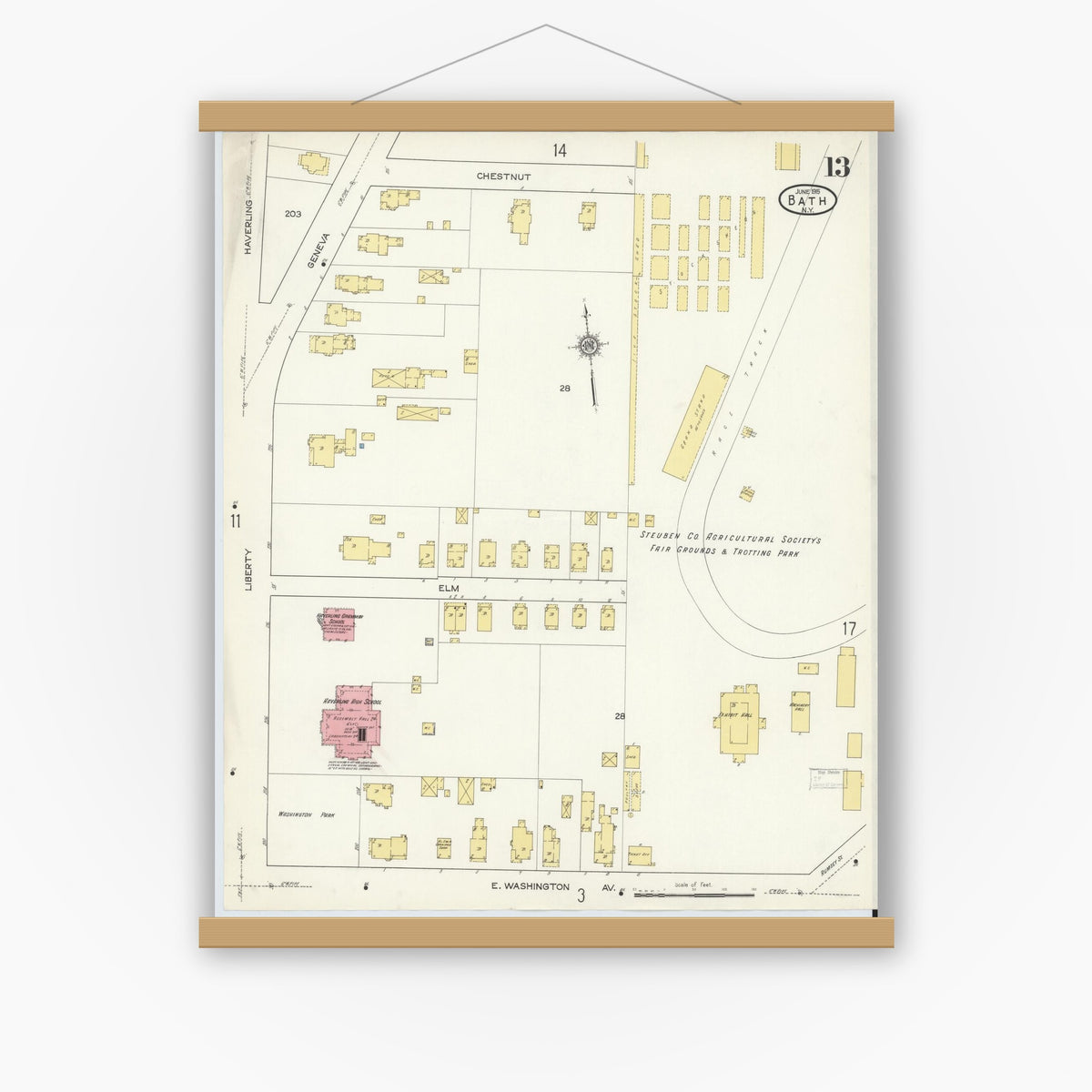Old map wall art mockup — magnetic wood frame on white wall — Sanborn Fire Insurance Map from Bath, Steuben County, New York (1915), Sheet #0013