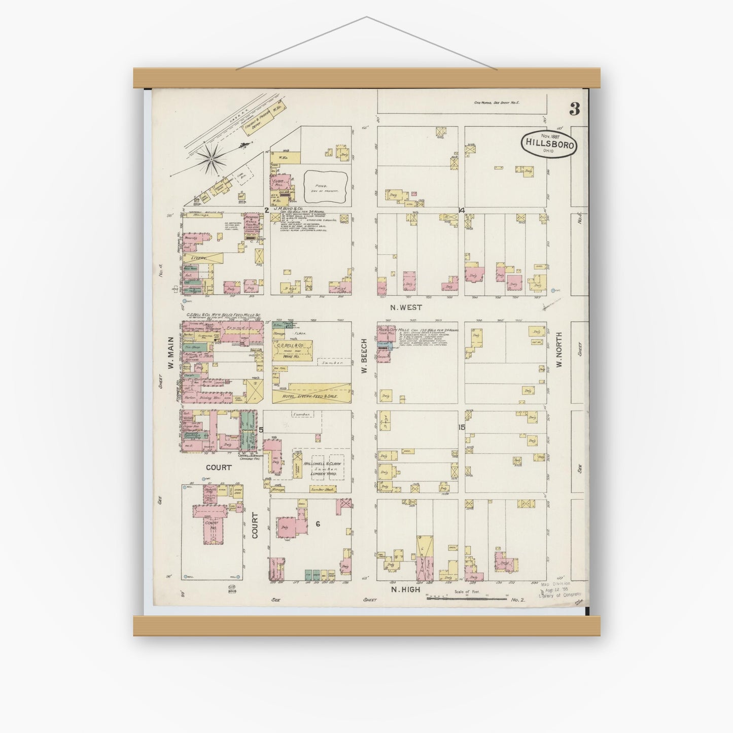 Old map wall art mockup — magnetic wood frame on white wall — Sanborn Fire Insurance Map from Hillsboro, Highland County, Ohio (1887), Sheet #0003