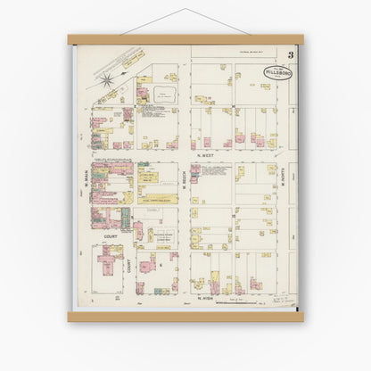Old map wall art mockup — magnetic wood frame on white wall — Sanborn Fire Insurance Map from Hillsboro, Highland County, Ohio (1887), Sheet #0003