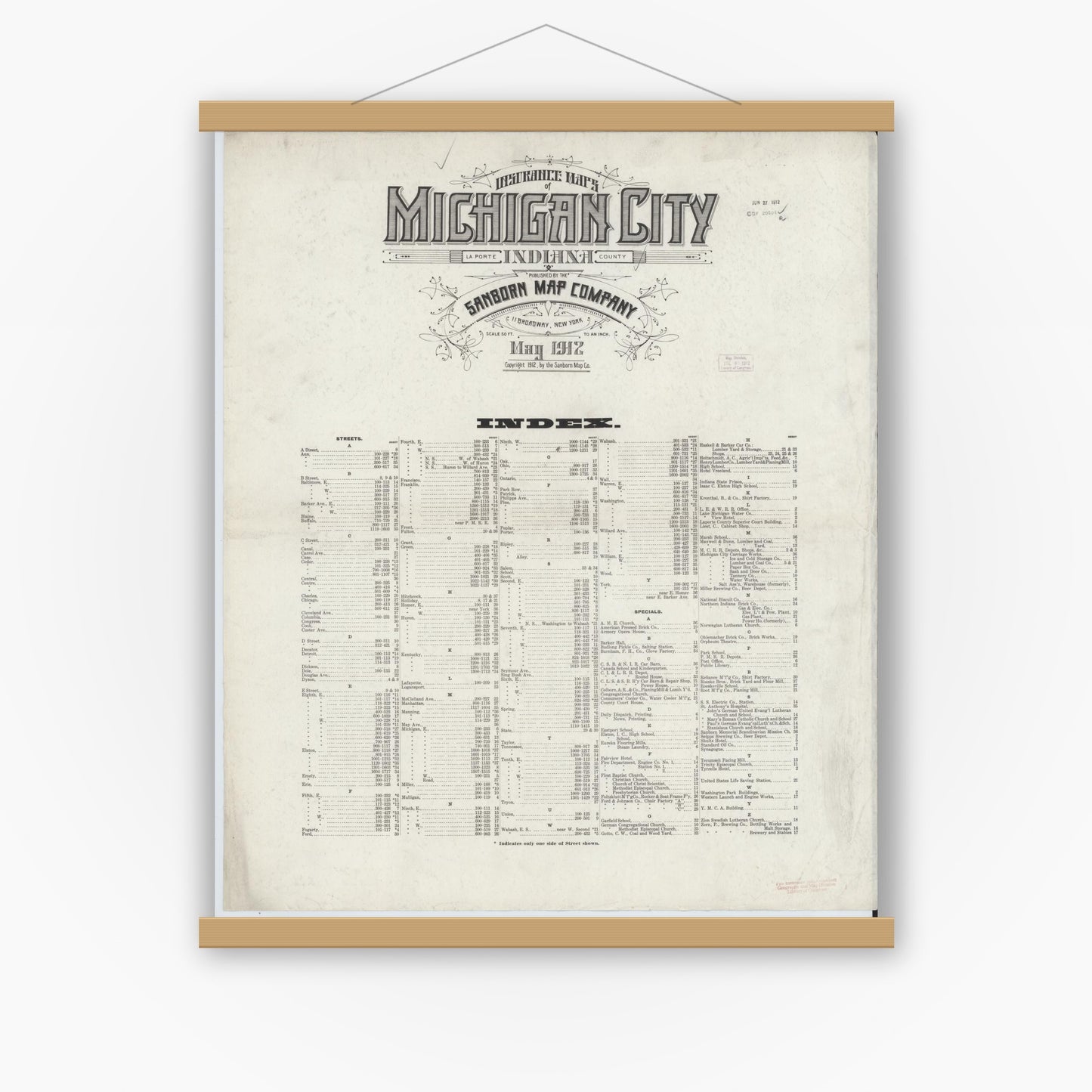 Old map wall art mockup — magnetic wood frame on white wall — Sanborn Fire Insurance Map from Michigan City, La Porte County, Indiana (1912), Sheet #0001