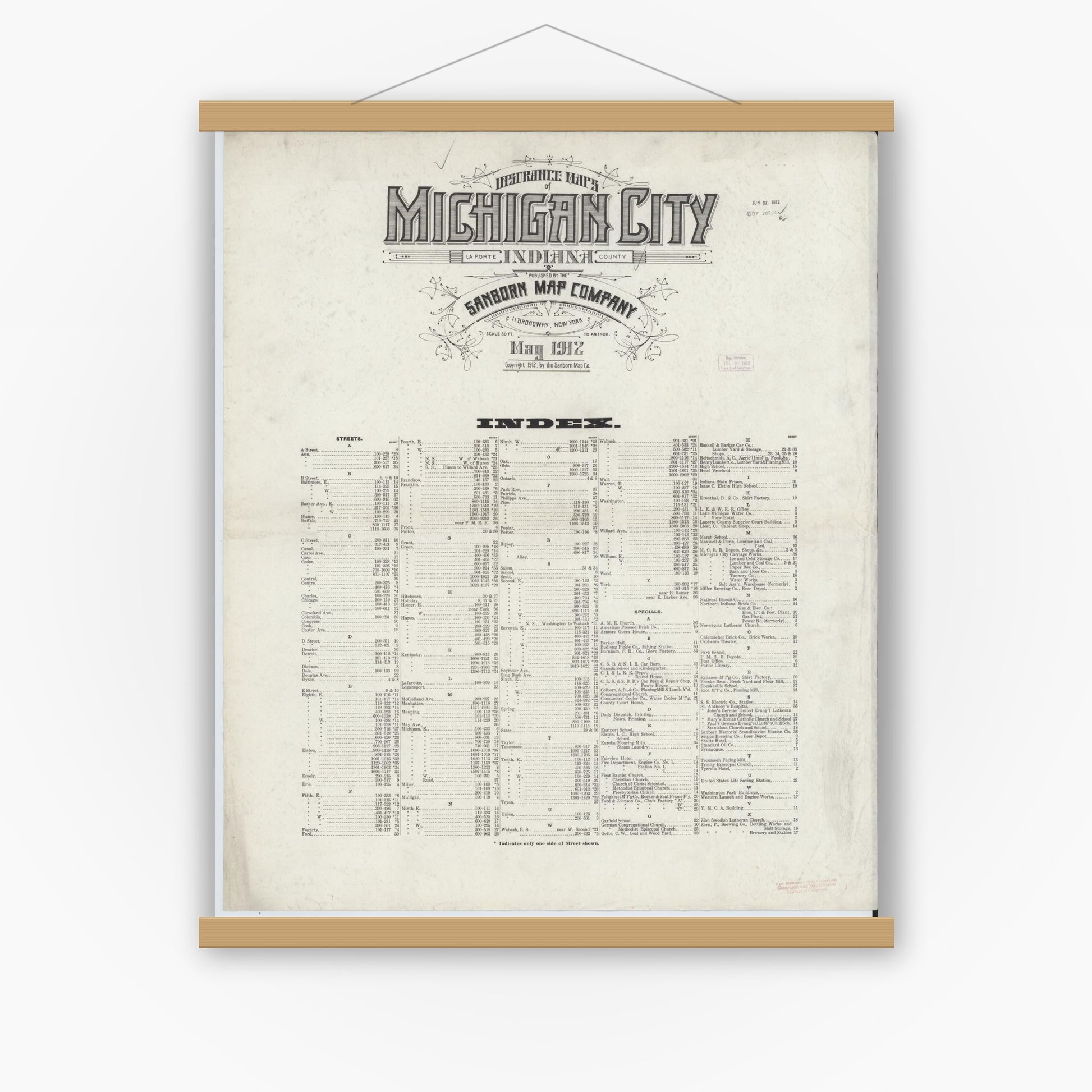 Old map wall art mockup — magnetic wood frame on white wall — Sanborn Fire Insurance Map from Michigan City, La Porte County, Indiana (1912), Sheet #0001