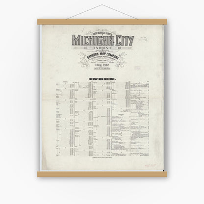 Old map wall art mockup — magnetic wood frame on white wall — Sanborn Fire Insurance Map from Michigan City, La Porte County, Indiana (1912), Sheet #0001