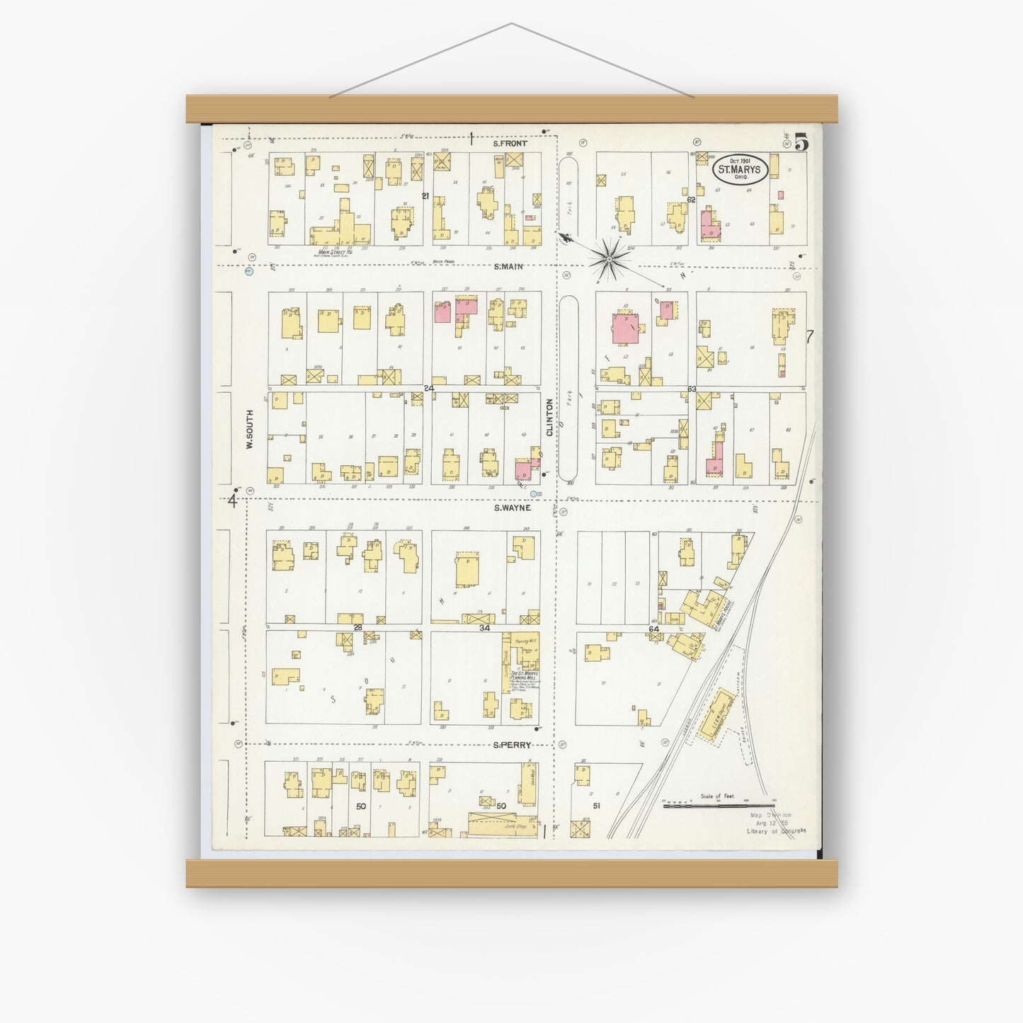 Old map wall art mockup — magnetic wood frame on white wall — Sanborn Fire Insurance Map from Saint Marys, Auglaize County, Ohio (1901), Sheet #0005