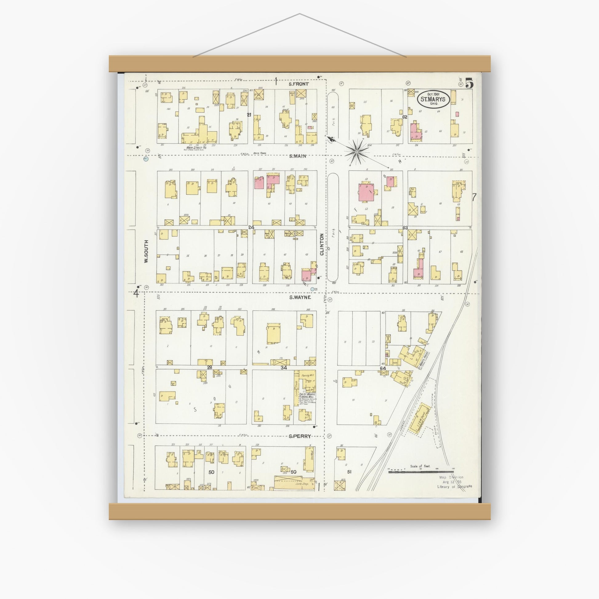 Old map wall art mockup — magnetic wood frame on white wall — Sanborn Fire Insurance Map from Saint Marys, Auglaize County, Ohio (1901), Sheet #0005
