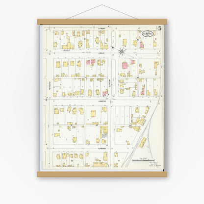 Old map wall art mockup — magnetic wood frame on white wall — Sanborn Fire Insurance Map from Saint Marys, Auglaize County, Ohio (1901), Sheet #0005