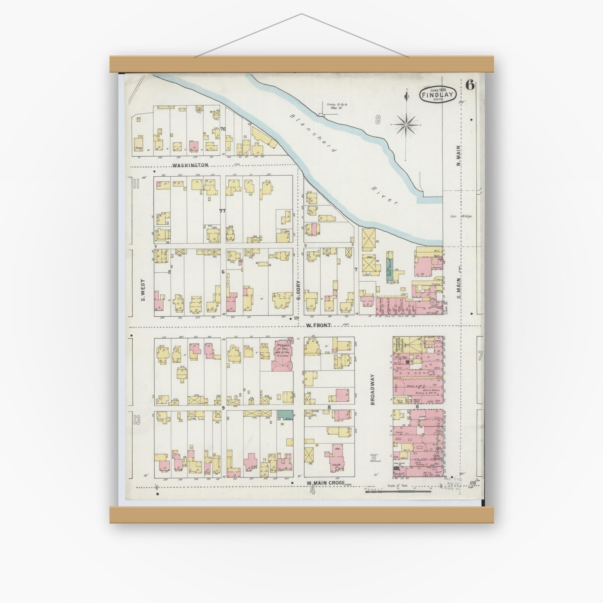 Old map wall art mockup — magnetic wood frame on white wall — Sanborn Fire Insurance Map from Findlay, Hancock County, Ohio (1895), Sheet #0006
