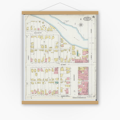 Old map wall art mockup — magnetic wood frame on white wall — Sanborn Fire Insurance Map from Findlay, Hancock County, Ohio (1895), Sheet #0006