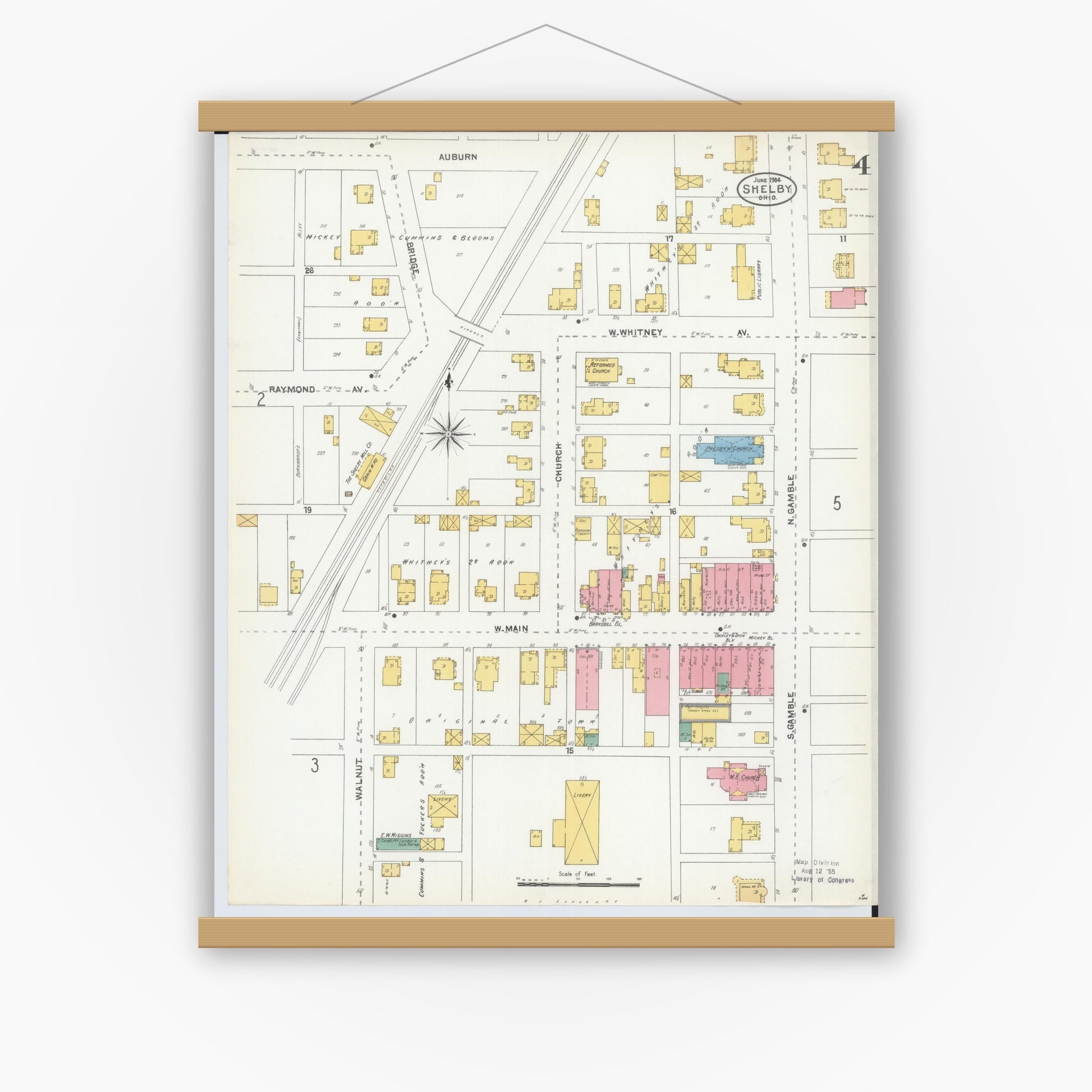 Old map wall art mockup — magnetic wood frame on white wall — Sanborn Fire Insurance Map from Shelby, Richland County, Ohio (1904), Sheet #0004