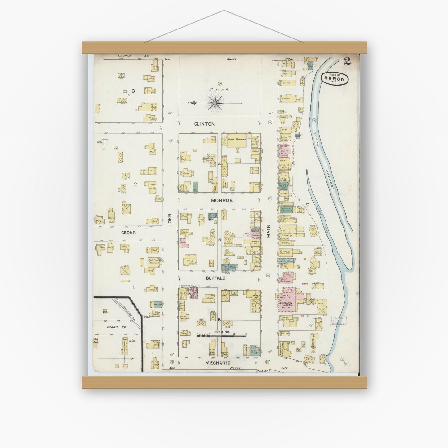Old map wall art mockup — magnetic wood frame on white wall — Sanborn Fire Insurance Map from Akron, Erie County, New York (1889), Sheet #0002