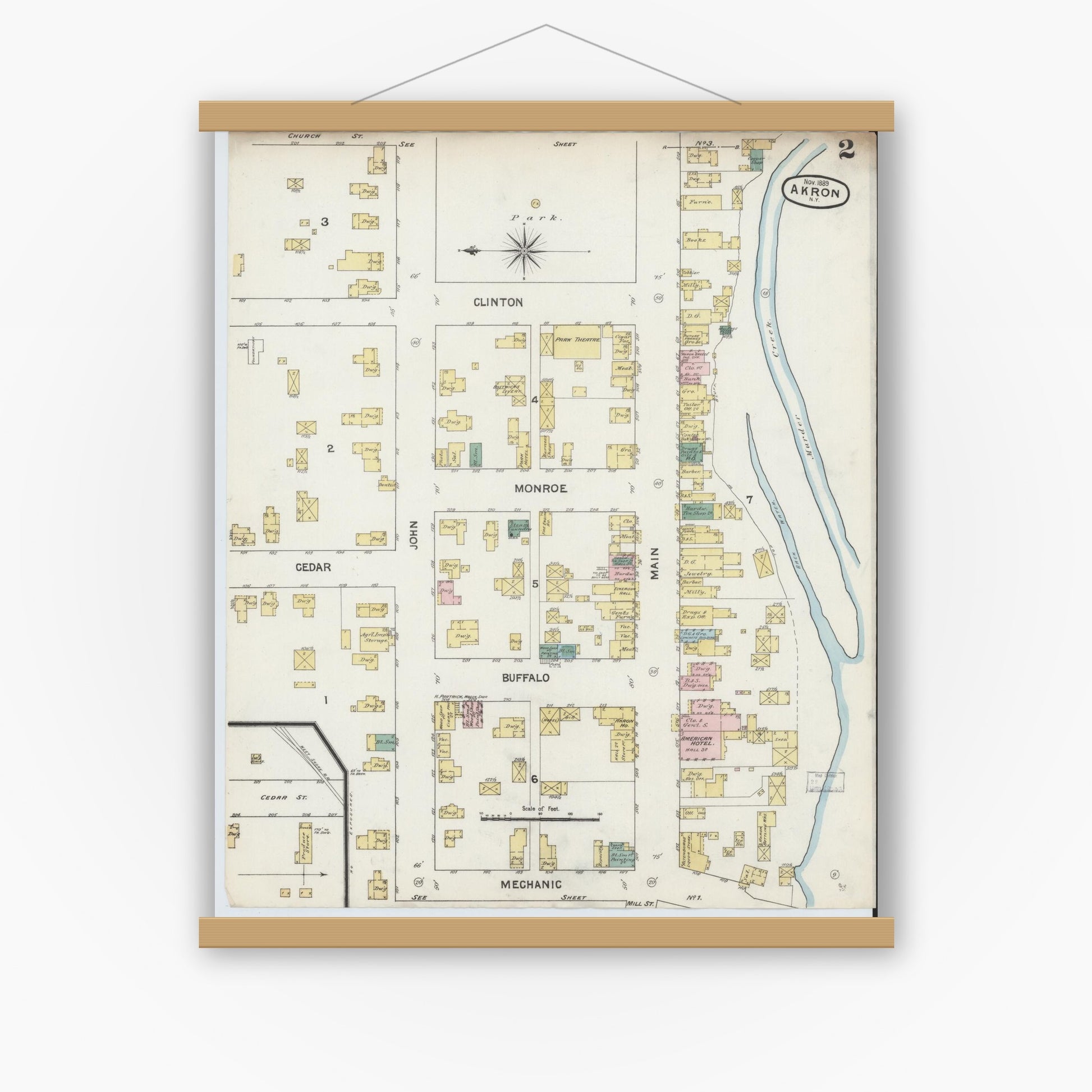 Old map wall art mockup — magnetic wood frame on white wall — Sanborn Fire Insurance Map from Akron, Erie County, New York (1889), Sheet #0002