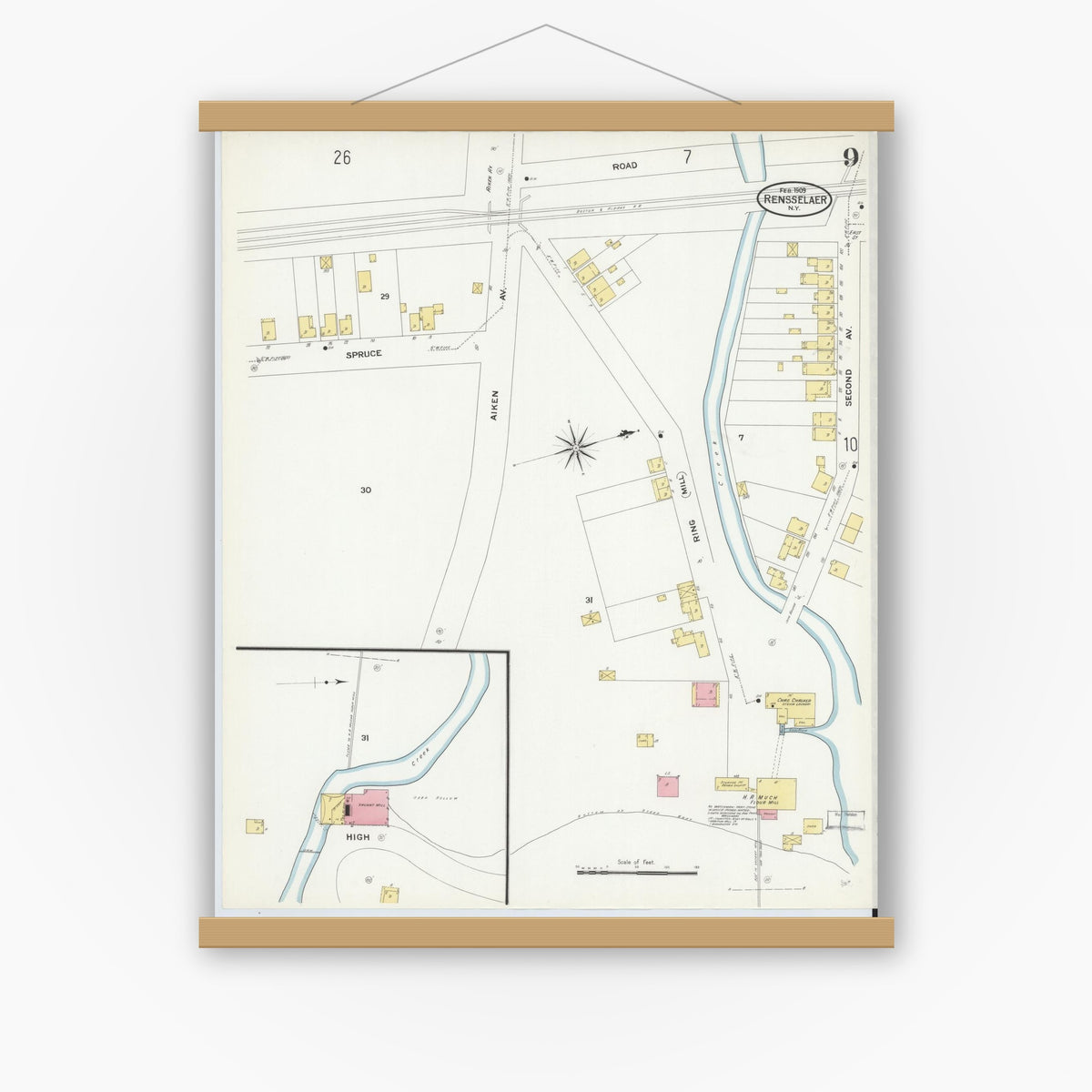 Old map wall art mockup — magnetic wood frame on white wall — Sanborn Fire Insurance Map from Rensselaer, Rensselaer County, New York (1909), Sheet #0009