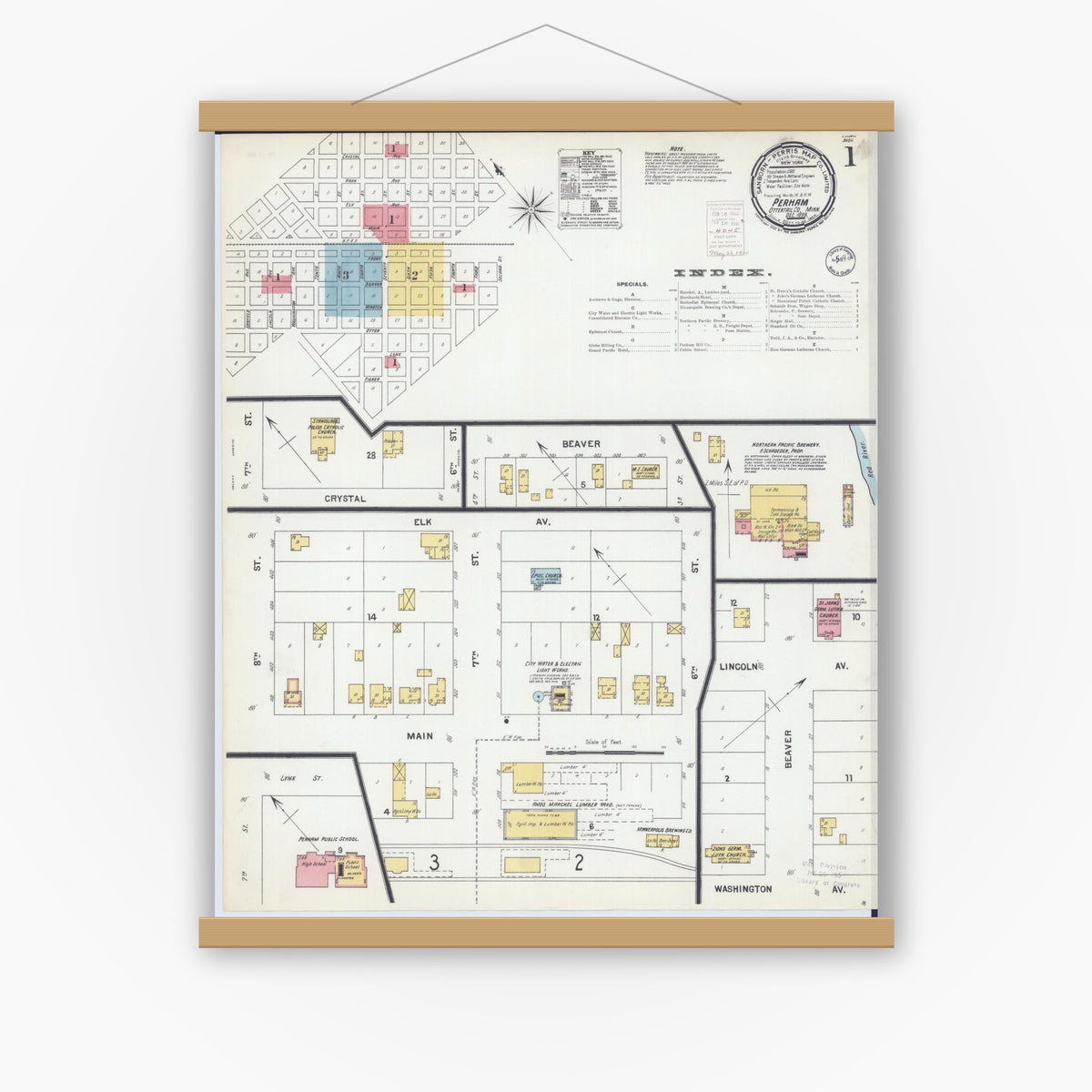 Old map wall art mockup — magnetic wood frame on white wall — Sanborn Fire Insurance Map from Perham, Otter Tail County, Minnesota (1899), Sheet #0001