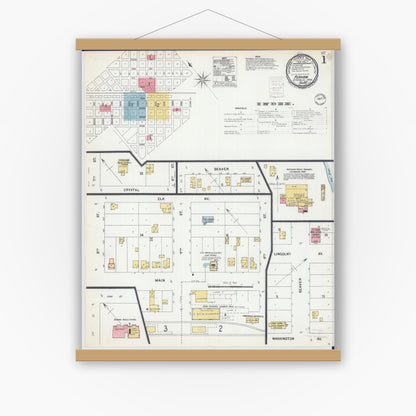 Old map wall art mockup — magnetic wood frame on white wall — Sanborn Fire Insurance Map from Perham, Otter Tail County, Minnesota (1899), Sheet #0001