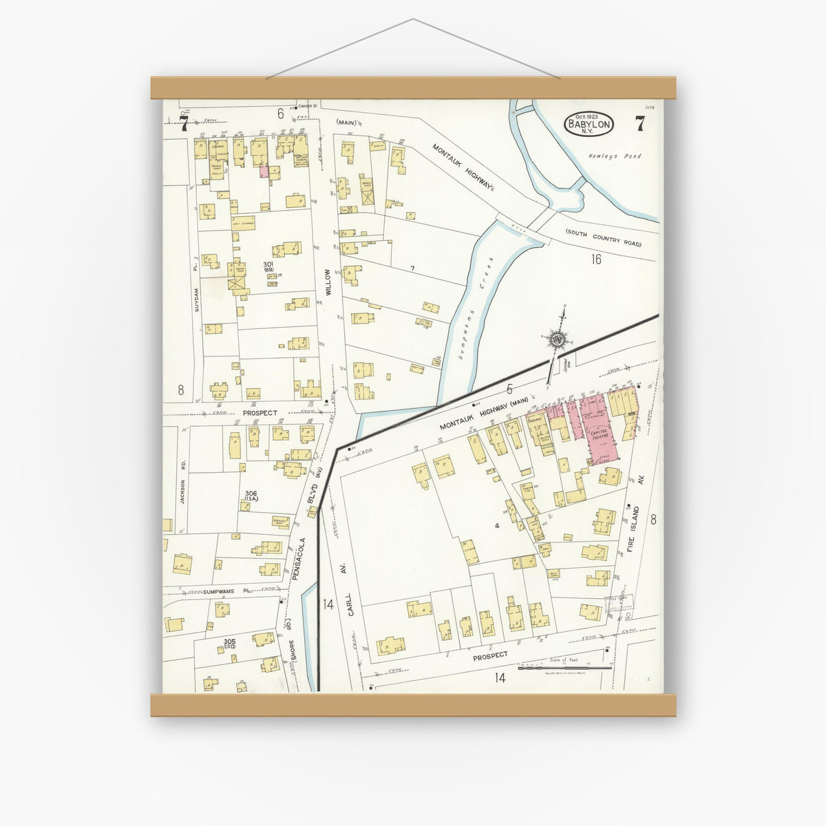 Old map wall art mockup — magnetic wood frame on white wall — Sanborn Fire Insurance Map from Babylon, Suffolk County, New York (1923), Sheet #0007