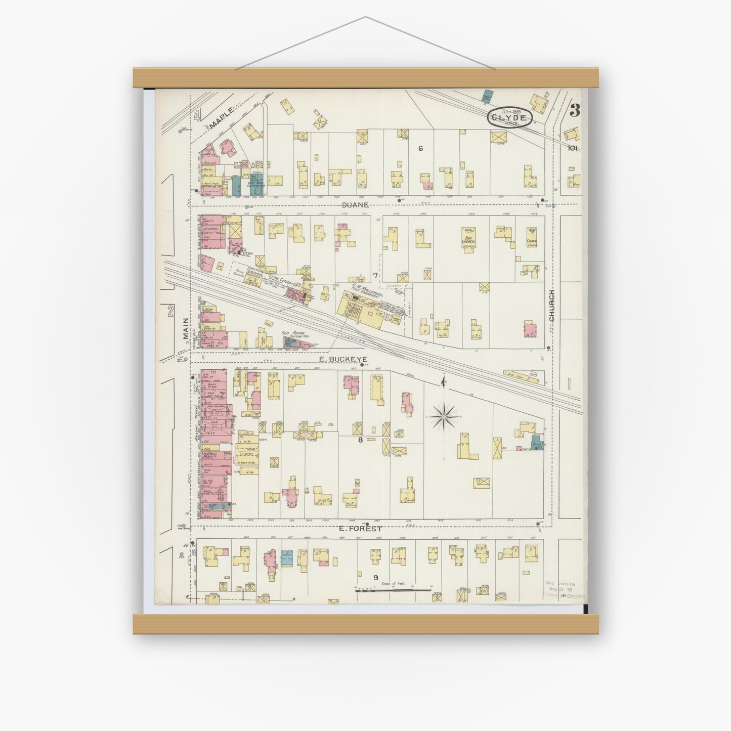 Old map wall art mockup — magnetic wood frame on white wall — Sanborn Fire Insurance Map from Clyde, Sandusky County, Ohio (1893), Sheet #0003
