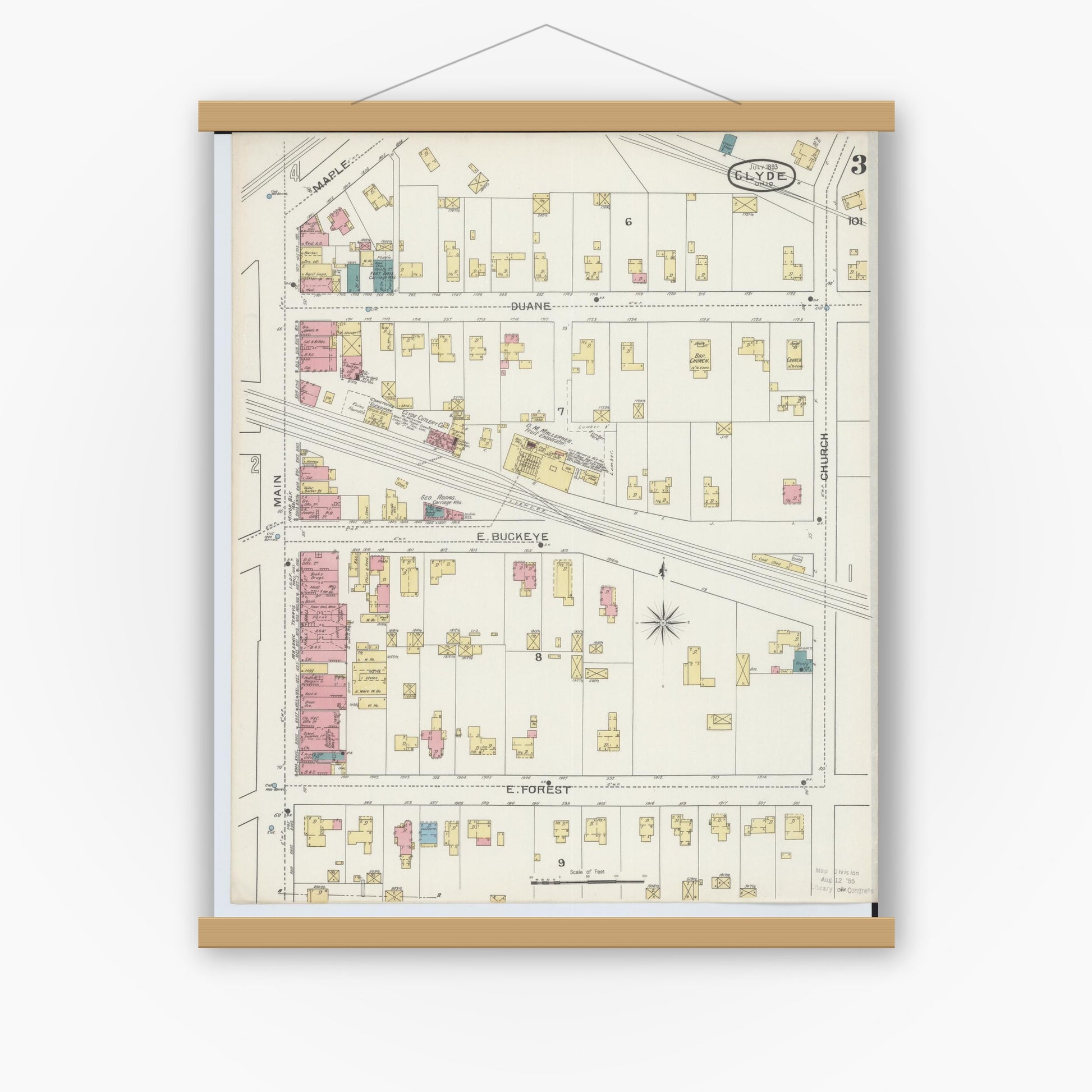 Old map wall art mockup — magnetic wood frame on white wall — Sanborn Fire Insurance Map from Clyde, Sandusky County, Ohio (1893), Sheet #0003