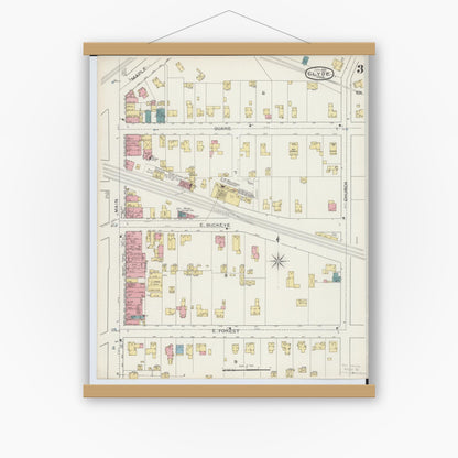 Old map wall art mockup — magnetic wood frame on white wall — Sanborn Fire Insurance Map from Clyde, Sandusky County, Ohio (1893), Sheet #0003