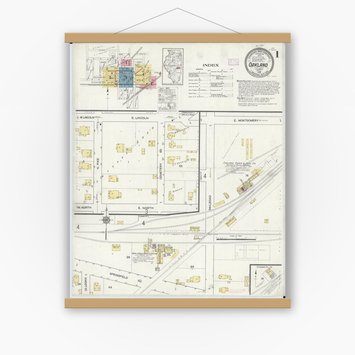 Old map wall art mockup — magnetic wood frame on white wall — Sanborn Fire Insurance Map from Oakland, Coles County, Illinois (1916), Sheet #0001