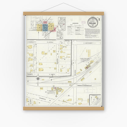 Old map wall art mockup — magnetic wood frame on white wall — Sanborn Fire Insurance Map from Oakland, Coles County, Illinois (1916), Sheet #0001