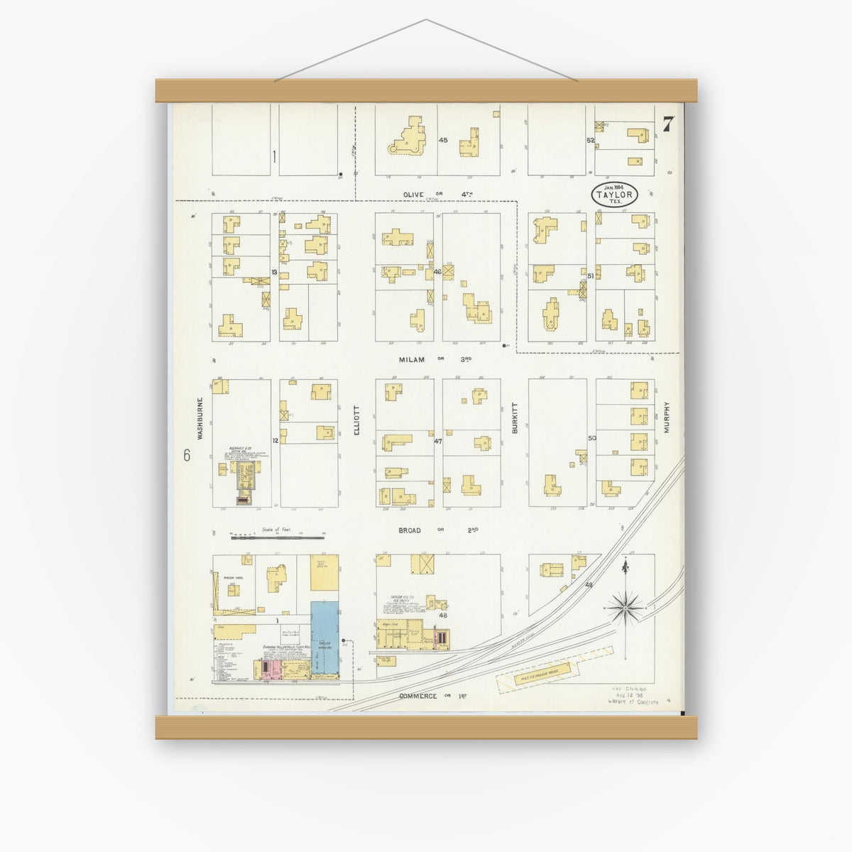 Old map wall art mockup — magnetic wood frame on white wall — Sanborn Fire Insurance Map from Taylor, Williamson County, Texas (1904), Sheet #0007