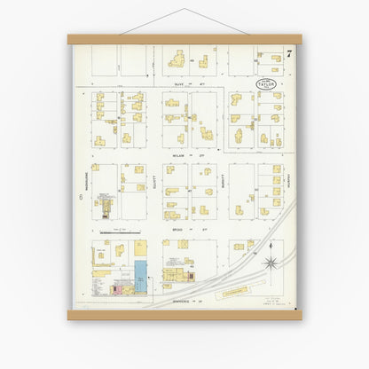 Old map wall art mockup — magnetic wood frame on white wall — Sanborn Fire Insurance Map from Taylor, Williamson County, Texas (1904), Sheet #0007