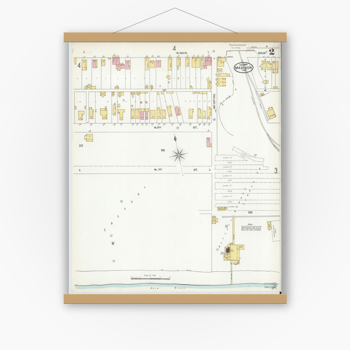 Old map wall art mockup — magnetic wood frame on white wall — Sanborn Fire Insurance Map from Madison, Jefferson County, Indiana (1904), Sheet #0002