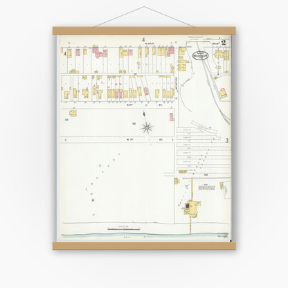 Old map wall art mockup — magnetic wood frame on white wall — Sanborn Fire Insurance Map from Madison, Jefferson County, Indiana (1904), Sheet #0002