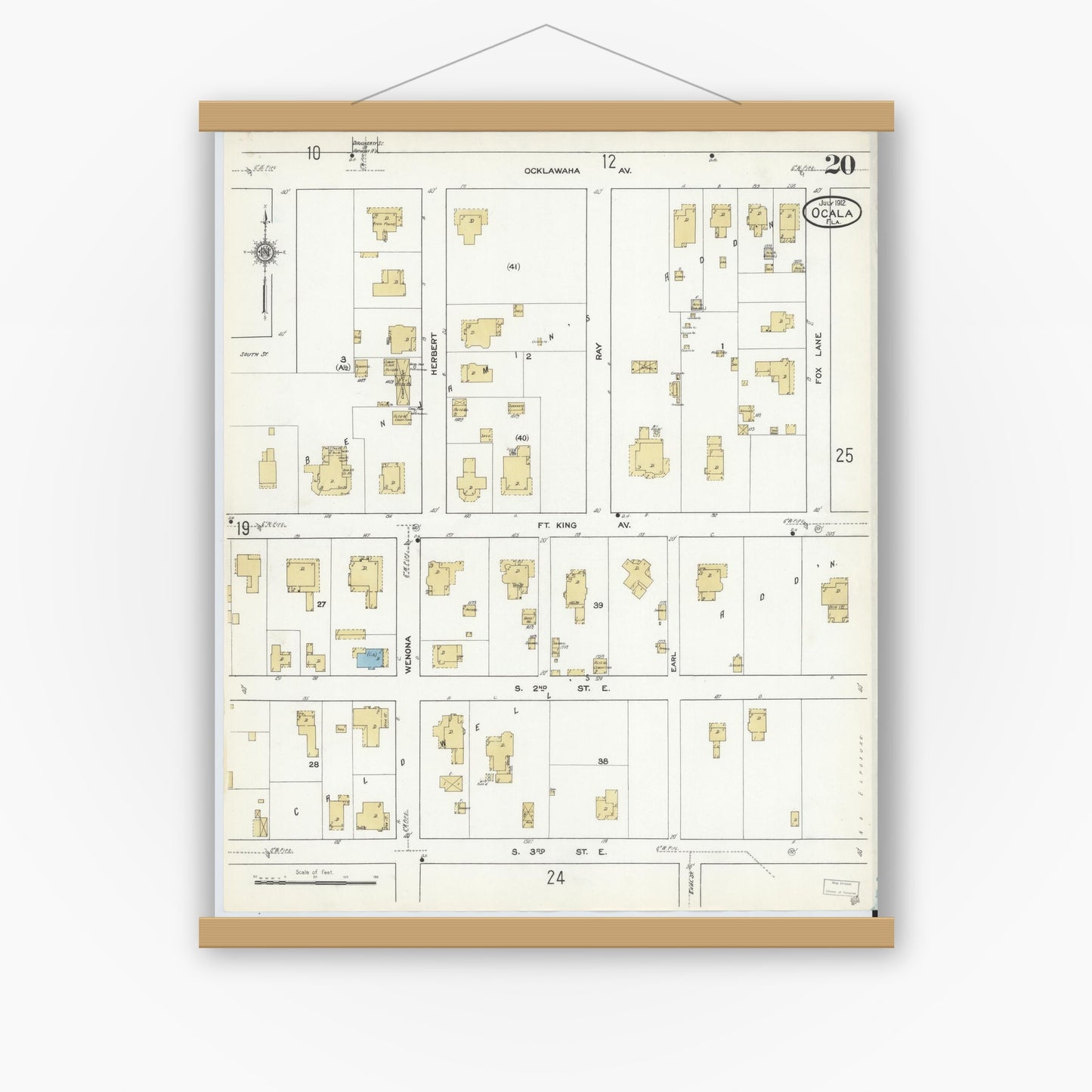 Old map wall art mockup — magnetic wood frame on white wall — Sanborn Fire Insurance Map from Ocala, Marion County, Florida (1912), Sheet #0020