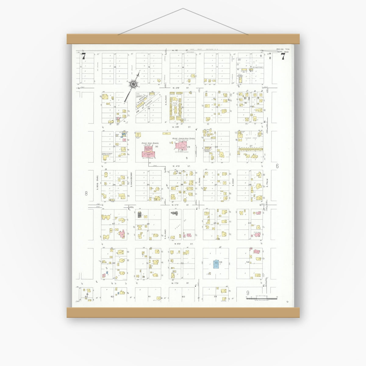 Old map wall art mockup — magnetic wood frame on white wall — Sanborn Fire Insurance Map from Pecos, Reeves County, Texas (1939), Sheet #0007