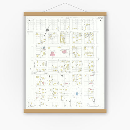 Old map wall art mockup — magnetic wood frame on white wall — Sanborn Fire Insurance Map from Pecos, Reeves County, Texas (1939), Sheet #0007