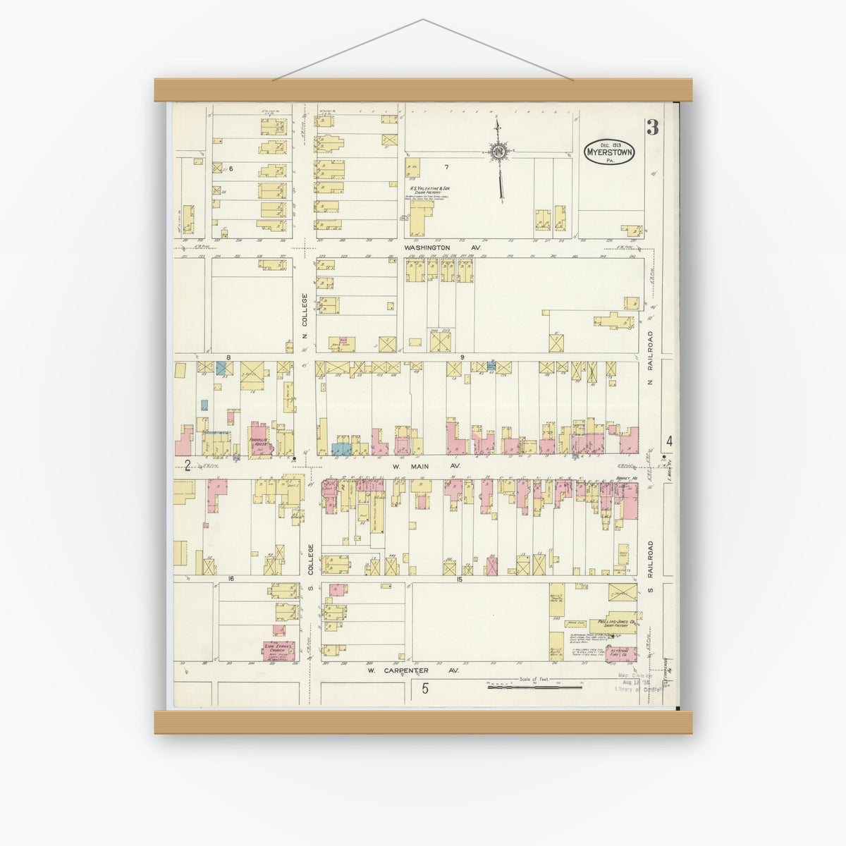 Old map wall art mockup — magnetic wood frame on white wall — Sanborn Fire Insurance Map from Myerstown, Lebanon County, Pennsylvania (1913), Sheet #0003