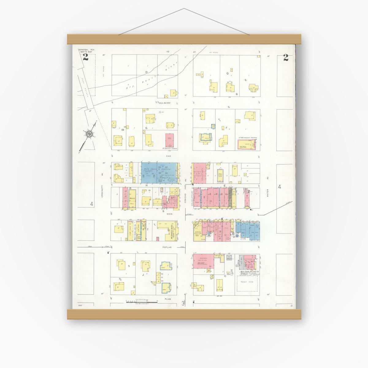 Old map wall art mockup — magnetic wood frame on white wall — Sanborn Fire Insurance Map from Sonora, Sutton County, Texas (1937), Sheet #0002
