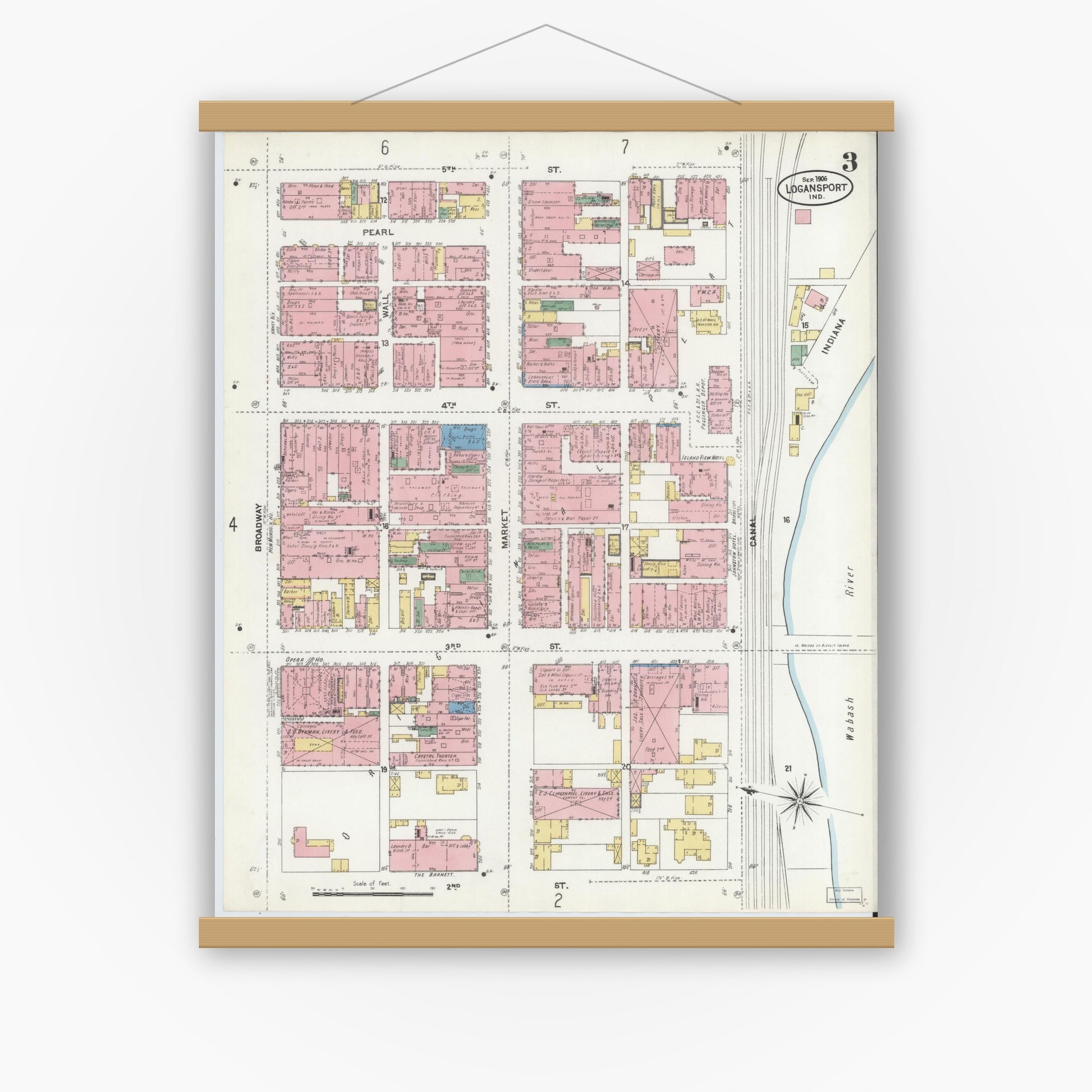 Old map wall art mockup — magnetic wood frame on white wall — Sanborn Fire Insurance Map from Logansport, Cass County, Indiana (1906), Sheet #0003