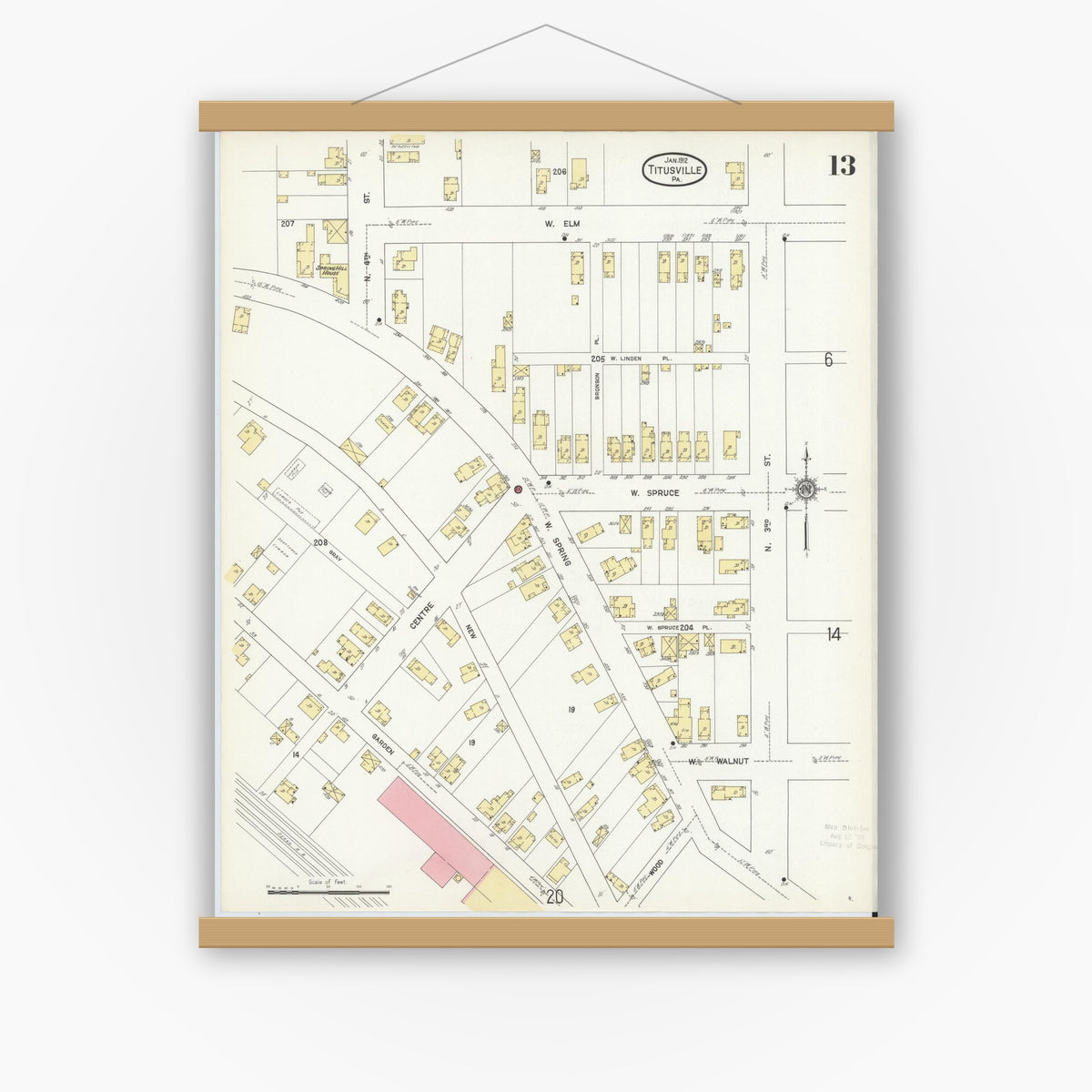 Old map wall art mockup — magnetic wood frame on white wall — Sanborn Fire Insurance Map from Titusville, Crawford County, Pennsylvania (1912), Sheet #0013