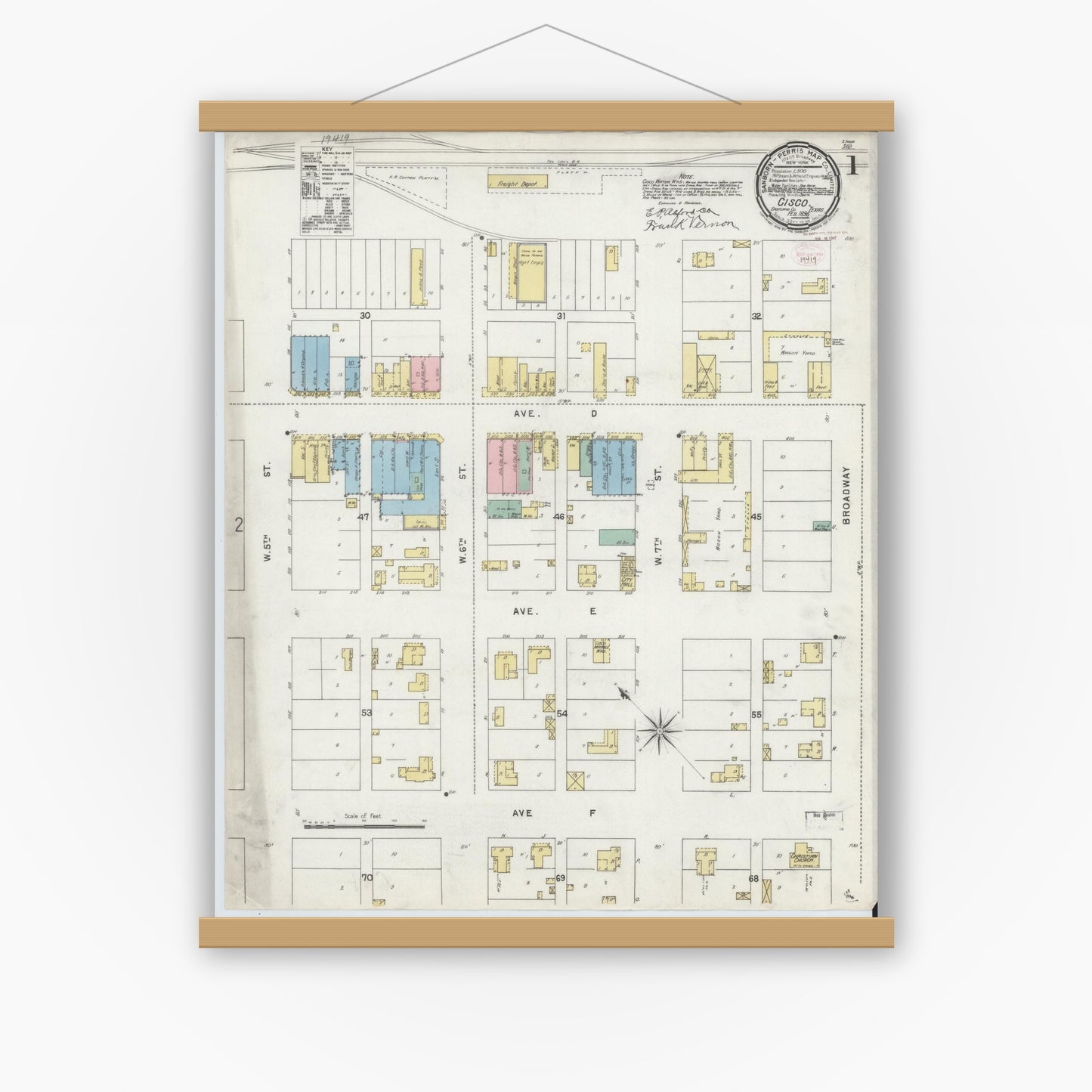 Old map wall art mockup — magnetic wood frame on white wall — Sanborn Fire Insurance Map from Cisco, Eastland County, Texas (1896), Sheet #0001