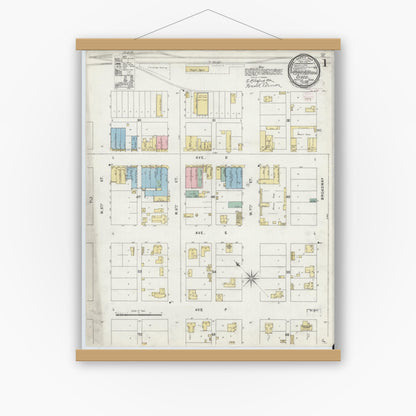 Old map wall art mockup — magnetic wood frame on white wall — Sanborn Fire Insurance Map from Cisco, Eastland County, Texas (1896), Sheet #0001