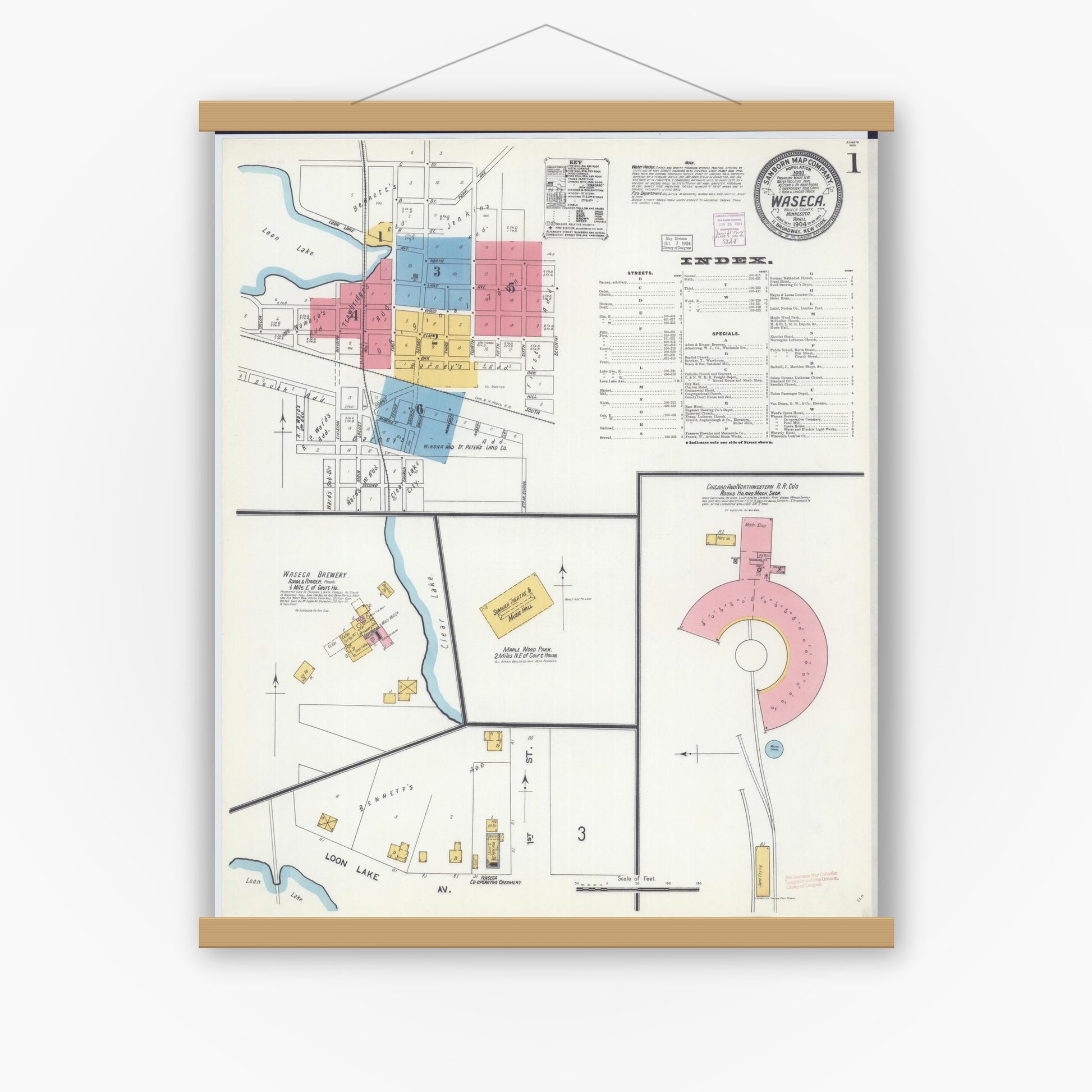Old map wall art mockup — magnetic wood frame on white wall — Sanborn Fire Insurance Map from Waseca, Waseca County, Minnesota (1904), Sheet #0001