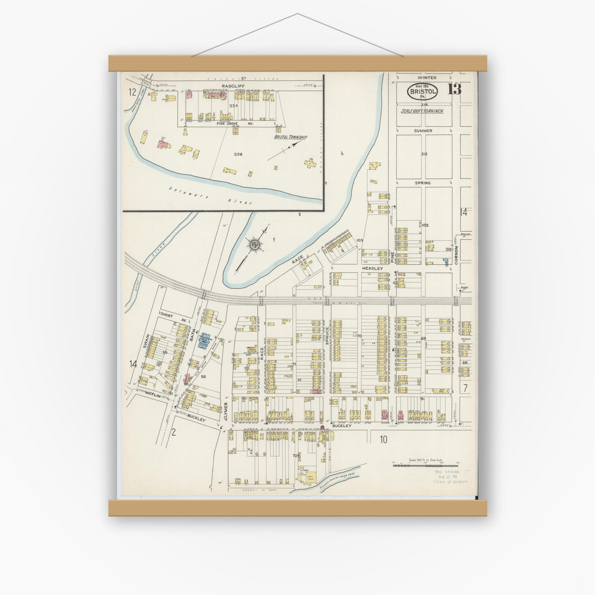 Old map wall art mockup — magnetic wood frame on white wall — Sanborn Fire Insurance Map from Bristol, Bucks County, Pennsylvania (1915), Sheet #0013