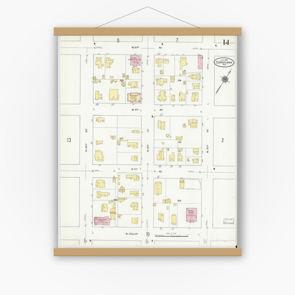 Old map wall art mockup — magnetic wood frame on white wall — Sanborn Fire Insurance Map from Corsicana, Navarro County, Texas (1910), Sheet #0014