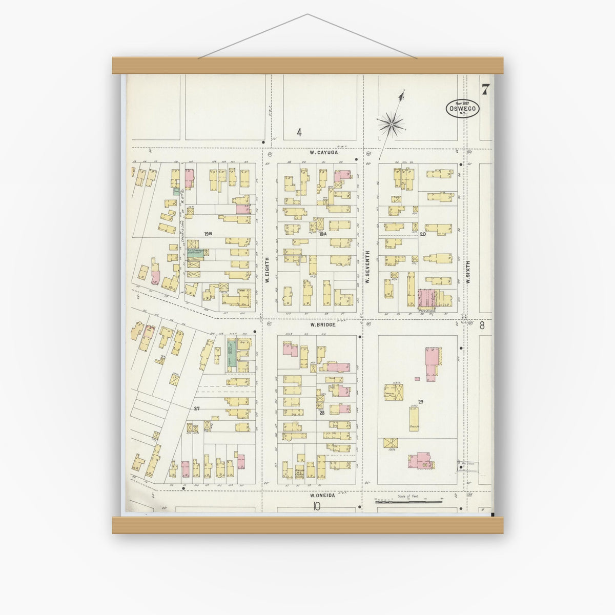 Old map wall art mockup — magnetic wood frame on white wall — Sanborn Fire Insurance Map from Oswego, Oswego County, New York (1897), Sheet #0007