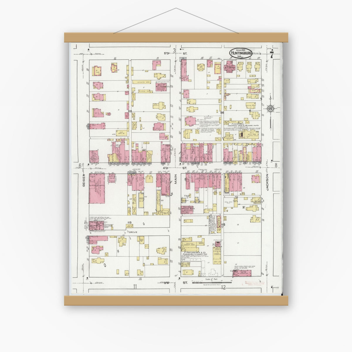 Old map wall art mockup — magnetic wood frame on white wall — Sanborn Fire Insurance Map from Huntingburg, Dubois County, Indiana (1921), Sheet #0007