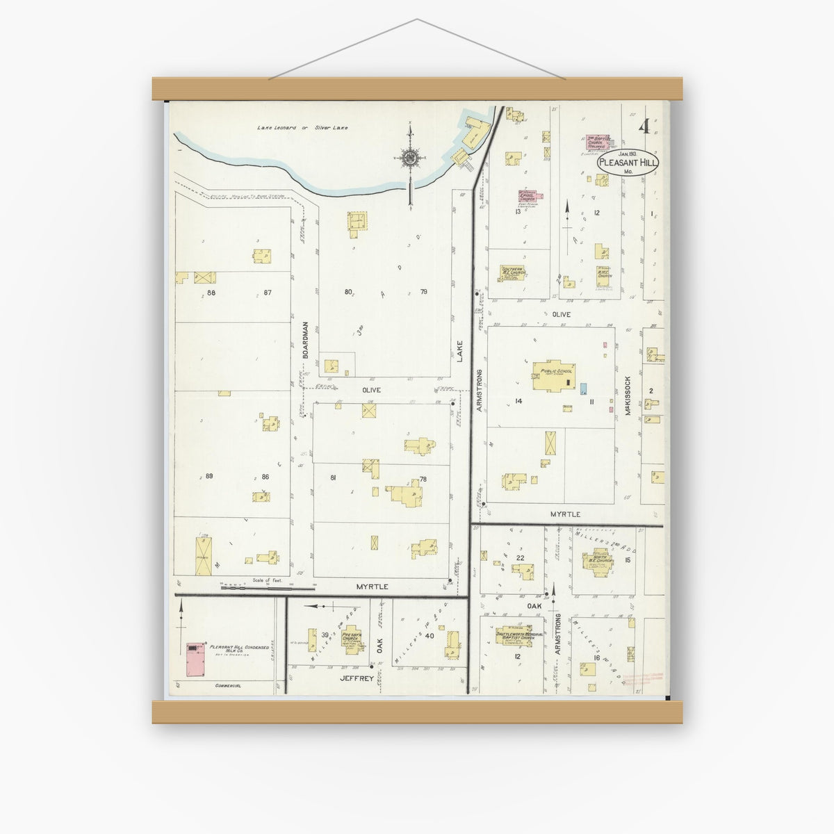 Old map wall art mockup — magnetic wood frame on white wall — Sanborn Fire Insurance Map from Pleasant Hill, Cass County, Missouri (1913), Sheet #0004