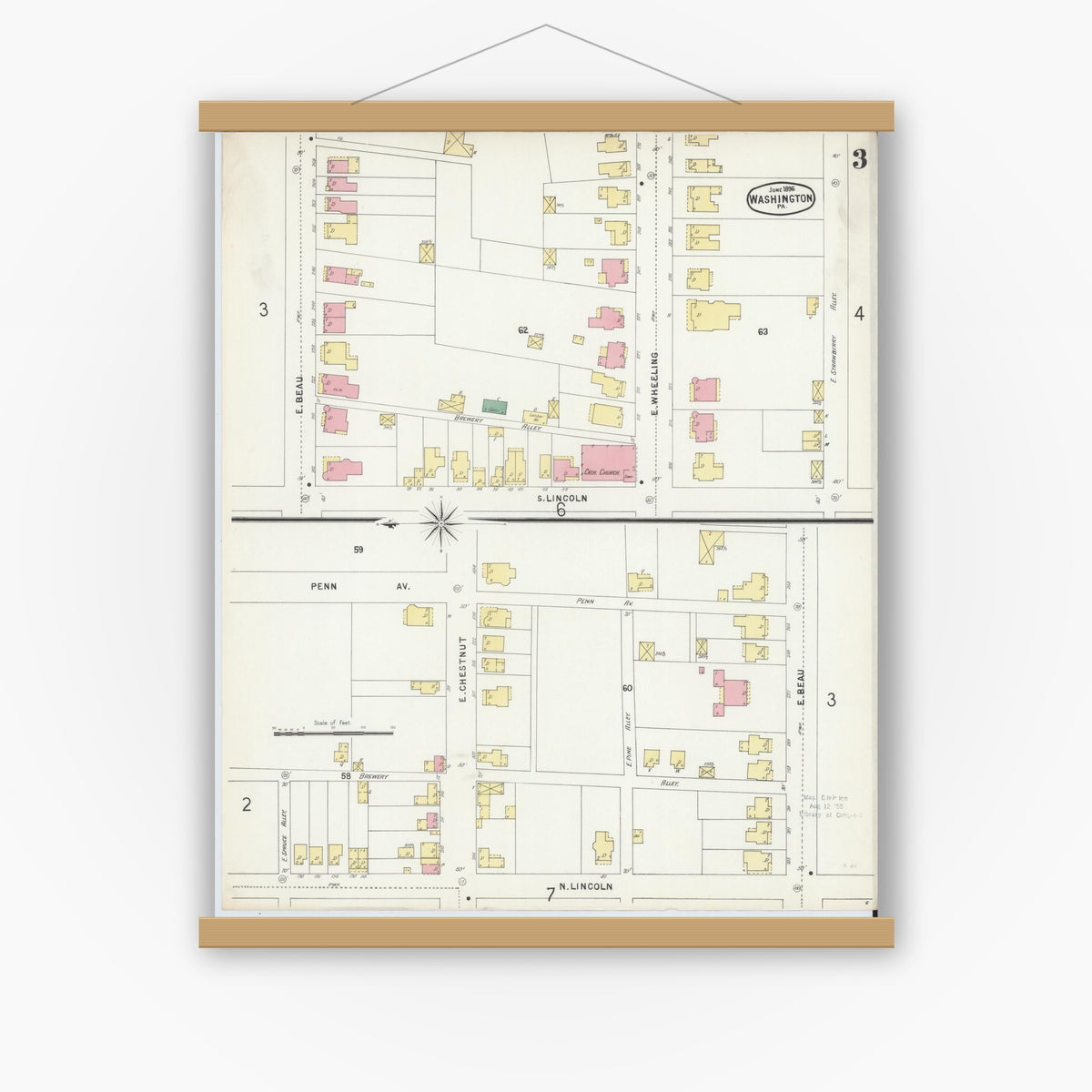 Old map wall art mockup — magnetic wood frame on white wall — Sanborn Fire Insurance Map from Washington, Washington County, Pennsylvania (1896), Sheet #0003